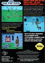 Box back cover for Jerry Glanville's Pigskin Footbrawl on the Sega Genesis.