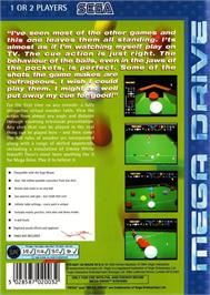 Box back cover for Jimmy White's Whirlwind Snooker on the Sega Genesis.