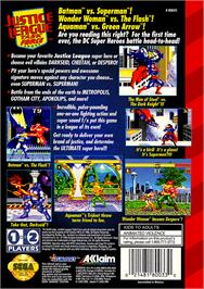 Box back cover for Justice League Task Force on the Sega Genesis.