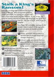 Box back cover for Landstalker: Treasure of King Nole on the Sega Genesis.