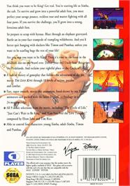 Box back cover for Lion King, The on the Sega Genesis.