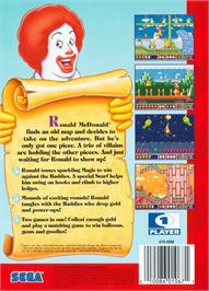 Box back cover for Mcdonald's Treasure Land Adventure on the Sega Genesis.