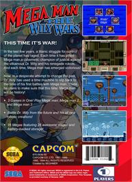 Box back cover for Mega Man - The Wily Wars on the Sega Genesis.
