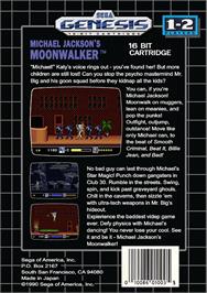 Box back cover for Michael Jackson's Moonwalker on the Sega Genesis.