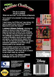 Box back cover for Mickey's Ultimate Challenge on the Sega Genesis.