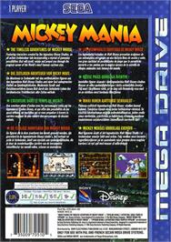 Box back cover for Mickey Mania on the Sega Genesis.