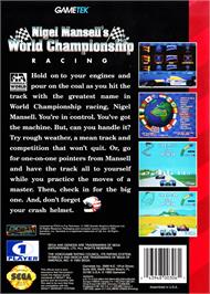 Box back cover for Nigel Mansell's World Championship Racing on the Sega Genesis.