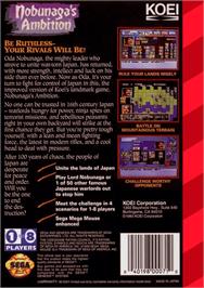 Box back cover for Nobunaga's Ambition on the Sega Genesis.