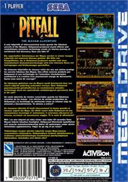 Box back cover for Pitfall: The Mayan Adventure on the Sega Genesis.
