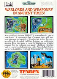 Box back cover for Rampart on the Sega Genesis.