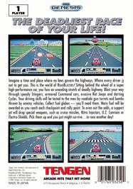 Box back cover for Roadblasters on the Sega Genesis.