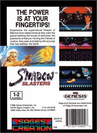 Box back cover for Shadow Blasters on the Sega Genesis.