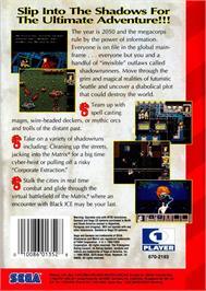 Box back cover for Shadowrun on the Sega Genesis.