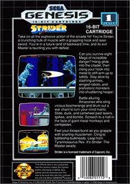 Box back cover for Strider on the Sega Genesis.