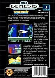 Box back cover for Strider on the Sega Genesis.