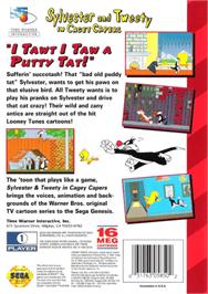 Box back cover for Sylvester and Tweety in Cagey Capers on the Sega Genesis.