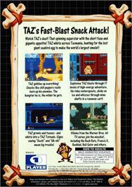 Box back cover for Taz-Mania on the Sega Genesis.