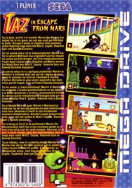 Box back cover for Taz in Escape from Mars on the Sega Genesis.