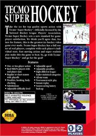 Box back cover for Tecmo Super Hockey on the Sega Genesis.