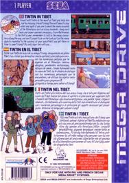 Box back cover for Tintin in Tibet on the Sega Genesis.