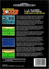Box back cover for Ultimate Soccer on the Sega Genesis.