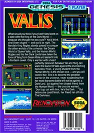 Box back cover for Valis: The Fantasm Soldier on the Sega Genesis.