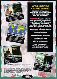 Box back cover for Where in the World is Carmen Sandiego? on the Sega Genesis.