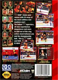 Box back cover for Wwf Raw on the Sega Genesis.