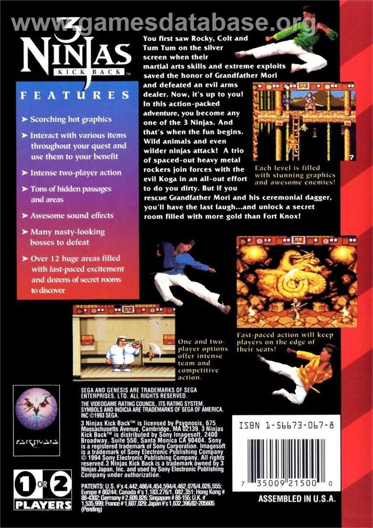 3 Ninjas Kick Back - Sega Genesis - Artwork - Box Back