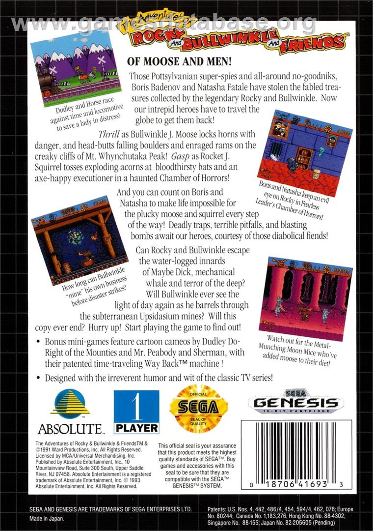Adventures Of Rocky And Bullwinkle And Friends, The - Sega Genesis - Artwork - Box Back