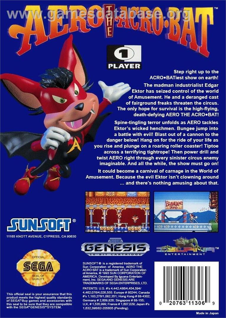 Aero The Acro-bat - Sega Genesis - Artwork - Box Back