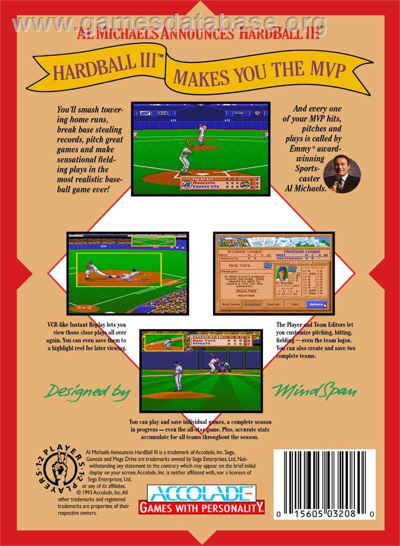 Al Michaels Announces Hardball 3 - Sega Genesis - Artwork - Box Back