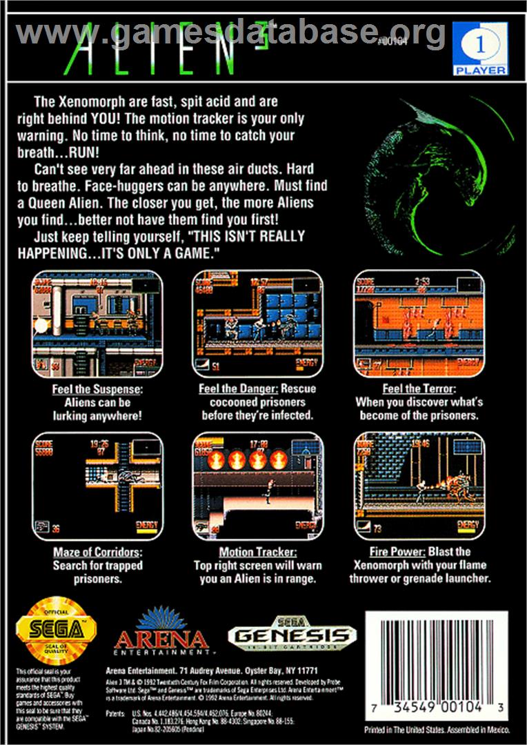 Alien³ - Sega Genesis - Artwork - Box Back