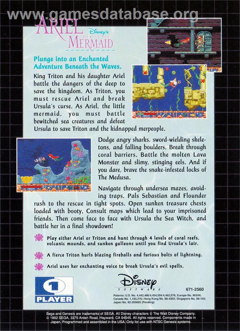 Ariel - The Little Mermaid - Sega Genesis - Artwork - Box Back