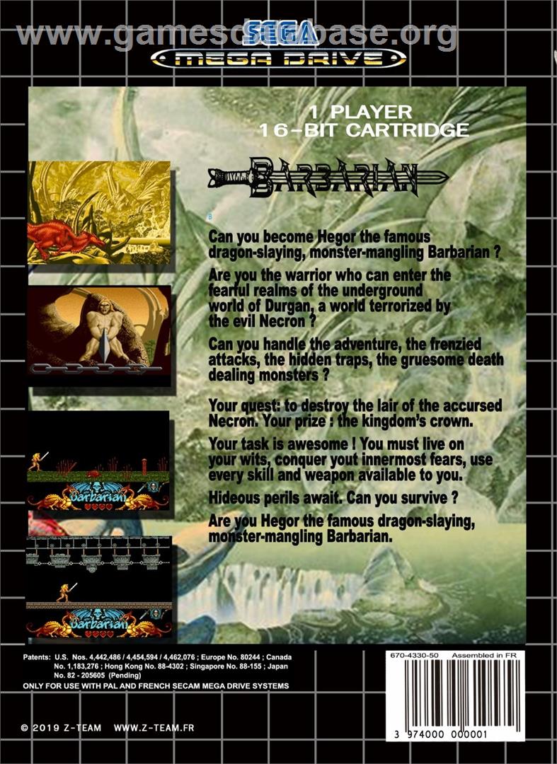 Barbarian - Sega Genesis - Artwork - Box Back