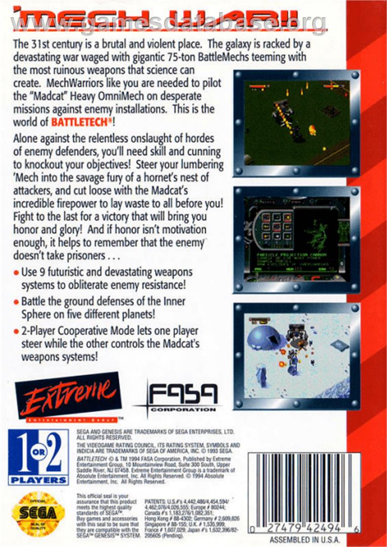 Battletech: A Game of Armored Combat - Sega Genesis - Artwork - Box Back