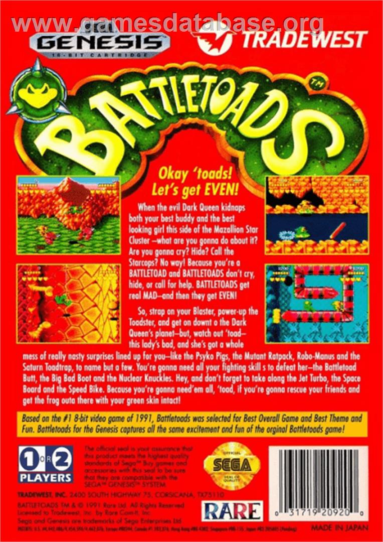 Battletoads - Sega Genesis - Artwork - Box Back
