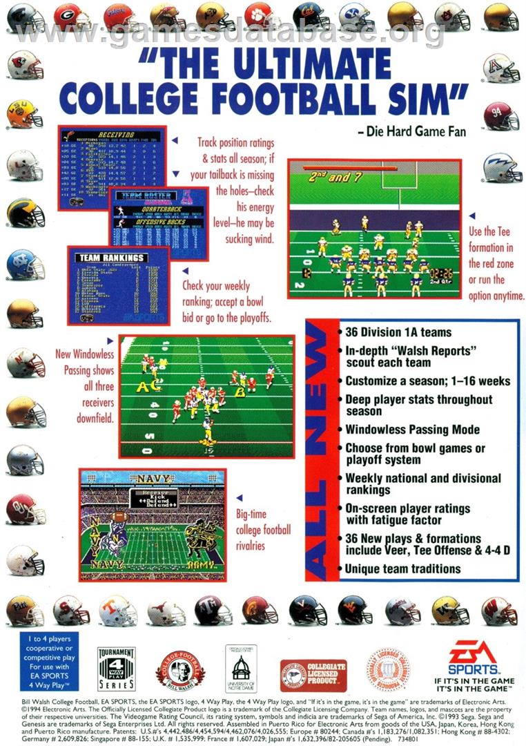 Bill Walsh College Football '95 - Sega Genesis - Artwork - Box Back