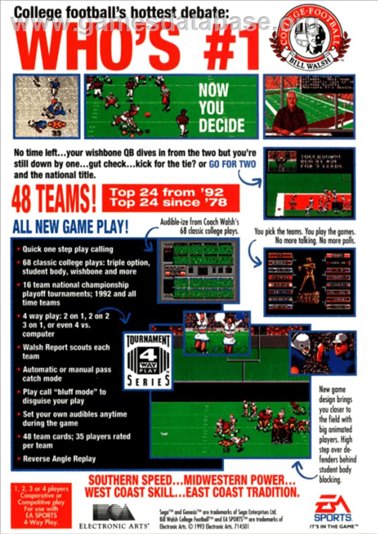 Bill Walsh College Football - Sega Genesis - Artwork - Box Back