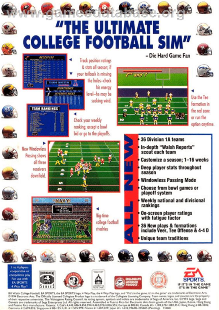 Bill Walsh College Football 95 - Sega Genesis - Artwork - Box Back