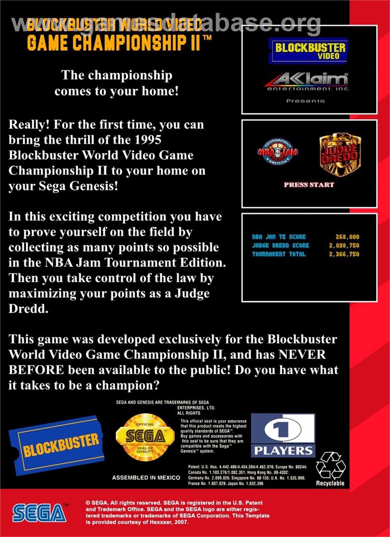 Blockbuster World Video Game Championship 2 - Sega Genesis - Artwork - Box Back