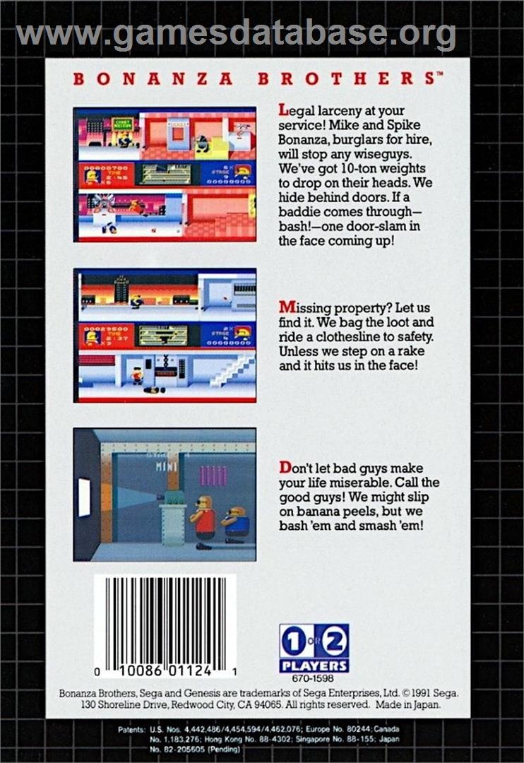 Bonanza Bros. - Sega Genesis - Artwork - Box Back