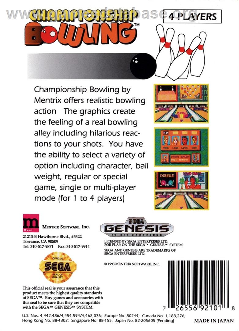 Boogie Woogie Bowling - Sega Genesis - Artwork - Box Back