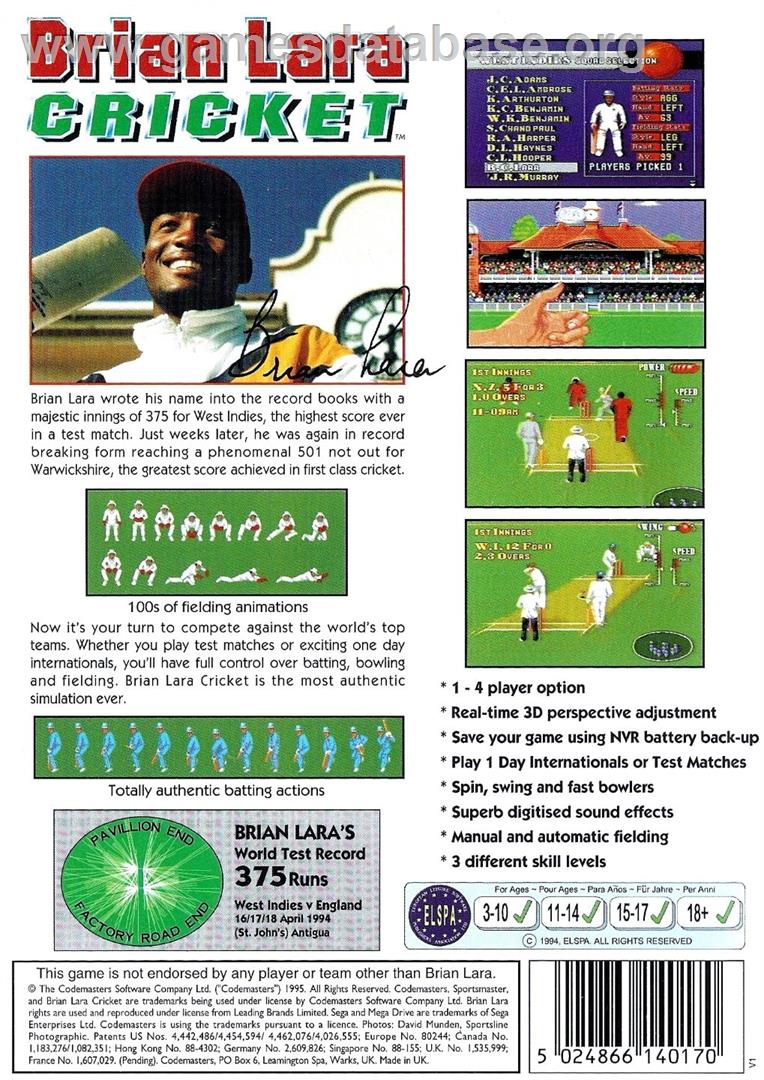 Brian Lara Cricket - Sega Genesis - Artwork - Box Back