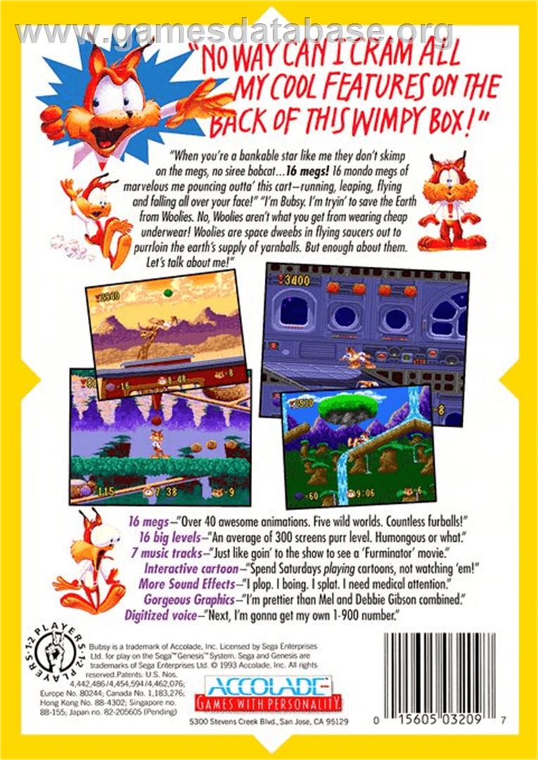 Bubsy in: Claws Encounters of the Furred Kind - Sega Genesis - Artwork - Box Back