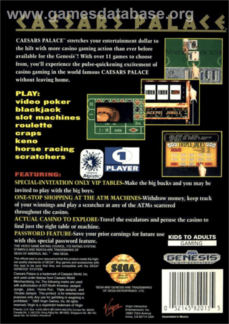 Caesars Palace - Sega Genesis - Artwork - Box Back