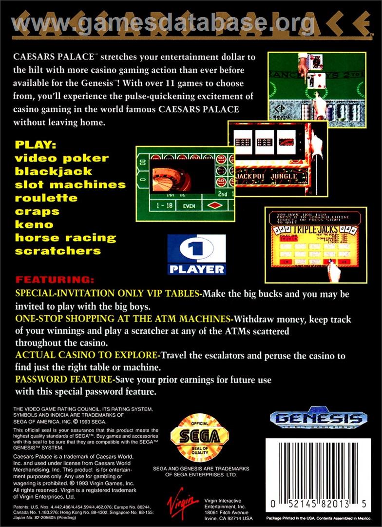 Caesars Palace - Sega Genesis - Artwork - Box Back