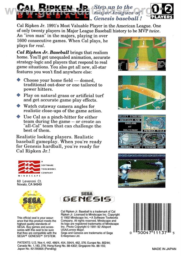 Cal Ripken Jr. Baseball - Sega Genesis - Artwork - Box Back