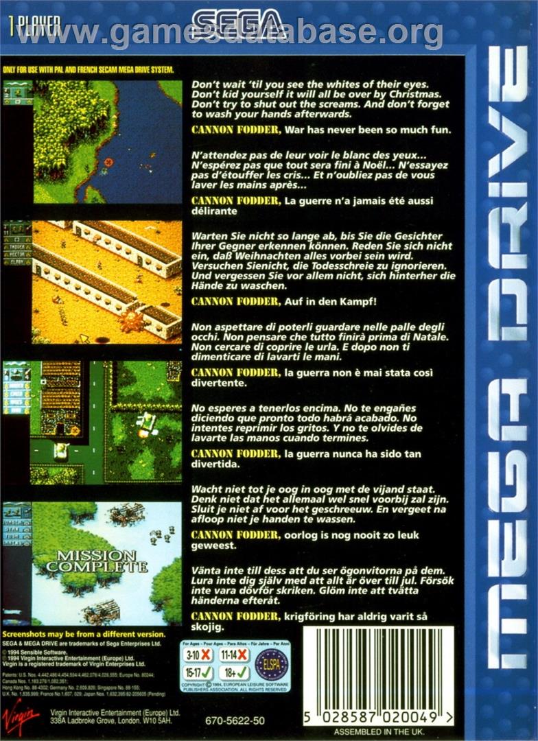 Cannon Fodder - Sega Genesis - Artwork - Box Back