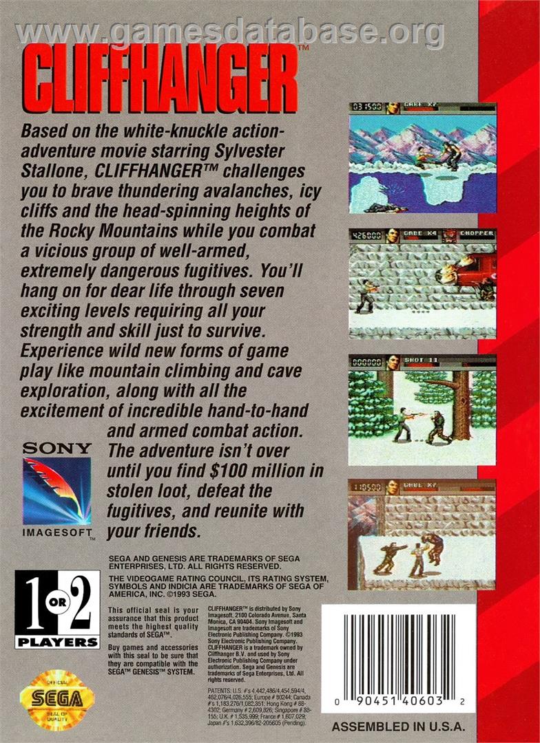 Cliffhanger - Sega Genesis - Artwork - Box Back